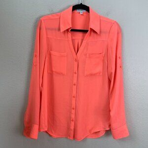 Express Womens Small Portofino Shirt Roll Tab Sleeve Bright Neon Orange Blouse